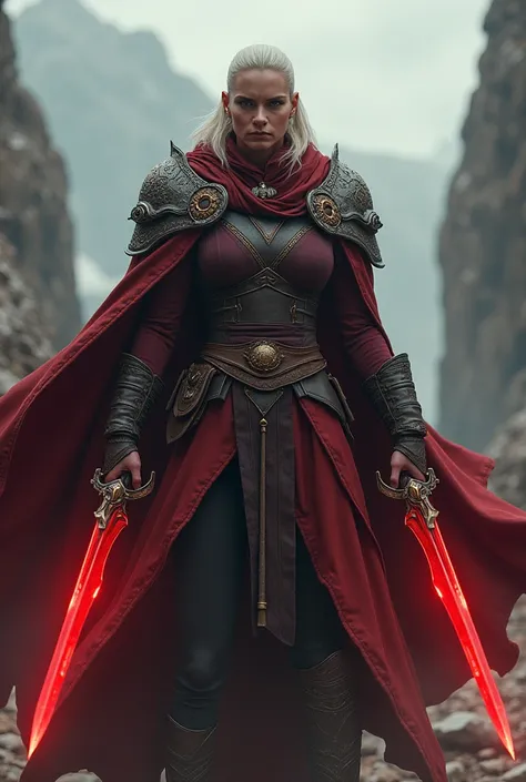 Bald warrior woman wearing a cape and holding two red daggers