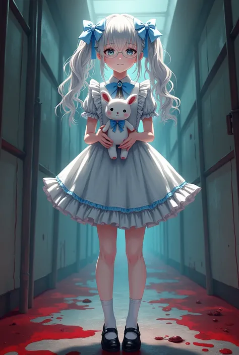 Tokyo ghoul style, female, 22, long white wavy hair in 2 pigtails, light blue bow accessories, white and baby blue Lolita dress, black Mary janes, white knee high socks, holding a stitched up toy rabbit, adult woman, mature, grey eyes, glasses, smiling, st...