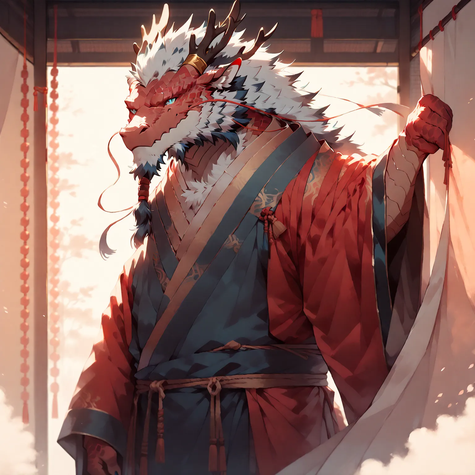 # main character: (eastern dragon furry:1.8), muscular mature male, masterpiece, (full body portrait:1.4)

dragon features: (red...