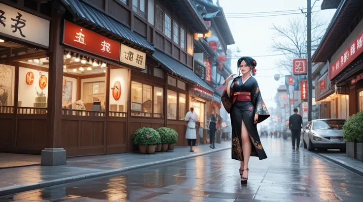 anime girl in kimono outfit walking down a wet street, anime style 4 k, artwork in the style of guweiz, anime style. 8k, guweiz, guweiz on pixiv artstation, anime girl wearing a black dress, guweiz on artstation pixiv, guweiz masterpiece, anime art wallpap...