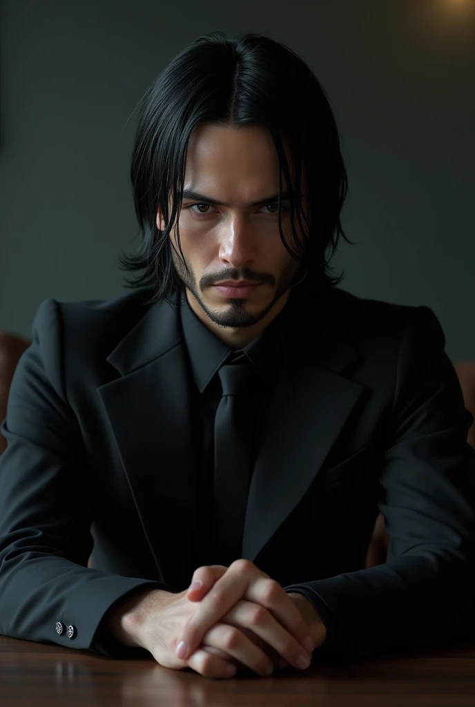 arafed image of a  old young man, teenager in a black suit, black tie and black shirt sitting at a table, from the new john wick movie, in the john wick movie, john wick, portrait of john wick, keanu reeves as geralt of rivia, keanu reeves as wolverine, ke...