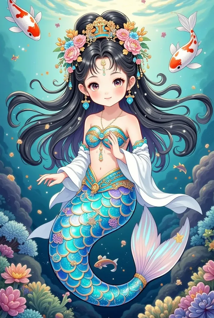 chinese style，mermaid princess，colorful fish tail