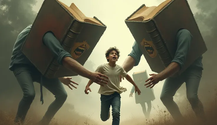 A surrealistic illustration of a young man running around being chased by anthropomorphized books.  A giant book with a frightening facial expression and outstretched arms pulls the young man by the shirt, while two books with human hands hold your arms . ...