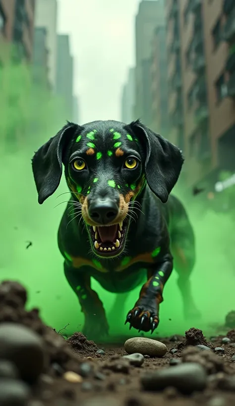 A terrifying, genetically modified Dachshund, once small and innocent, now transformed into a monstrous creature after coming into contact with a toxic biohazard barrel. Its sleek fur has turned into a patchy, unnatural blend of dark, scaly textures and gl...