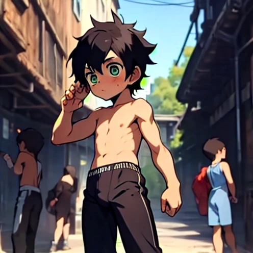 ten year old boy, Shota, Completely naked, Slim Sexy , black hair,  Simple Gesture , Dick,  Displays Penis and Body,Demon Hunter,A row of people,  high detail,  Downward Looking Lens ,  Anatomically Correct , blush, 