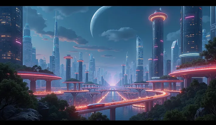 A vast night view of the future city landscape, ((photorealistic)), ((photograph)), bustling with life and energy, set against a backdrop of gleaming skyscrapers that reach towards the heavens, futuristic transportation systems, such as hovering vehicles o...