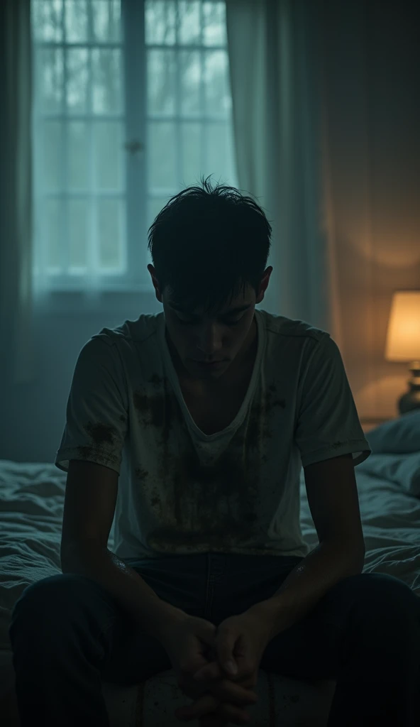 The image of a young man, sitting on the bed, head down, face unclear, wearing an old white t-shirt, covered in mud, his whole body wet, soaked, the living room scene is dark, gloomy and scary, with weak lights shining through the hazy black fog