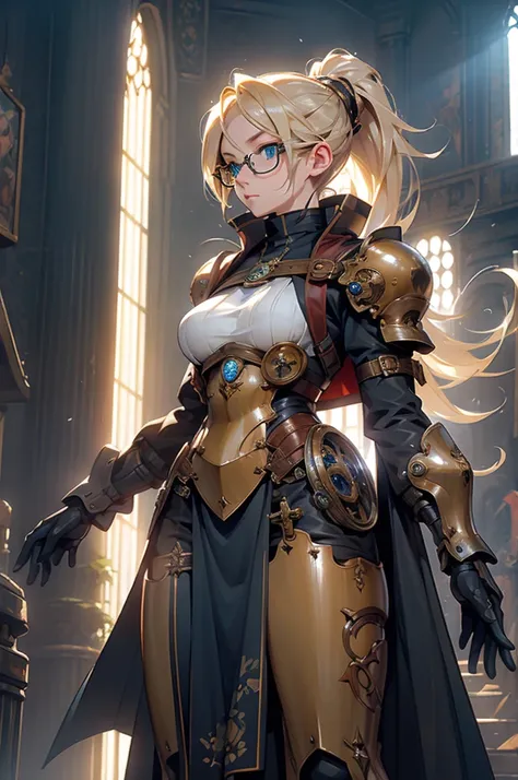 Steampunk style, A sexy blonde girl,  blue eyes ,  long hair ,  ponytail, Sexy steampunk nun clothes, round glasses, warrior nun, in battle position , Church destroyed, graffiti, debris, garbage,  vegetation , god rays, ray tracing, Reflection light, glowi...