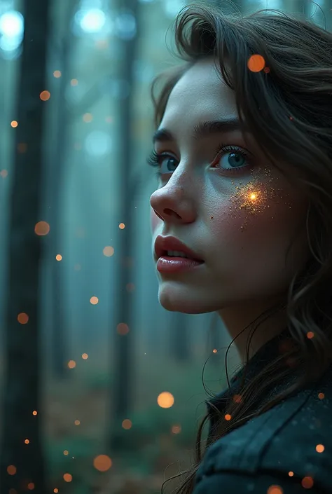 Half-faced pretty girl a forest filled with lots of trees and lights A fantasy scene with a magical forest and glittering fairy dust in the air The reflection of colors and light creates beautiful patterns around you