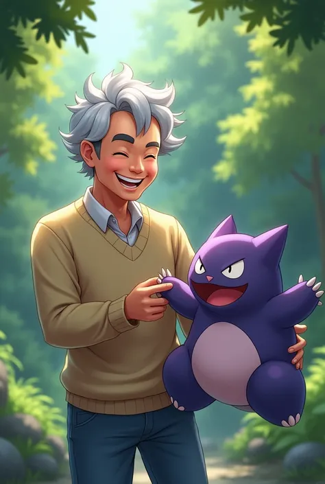 Laughing man with the Pokemon Gengar
