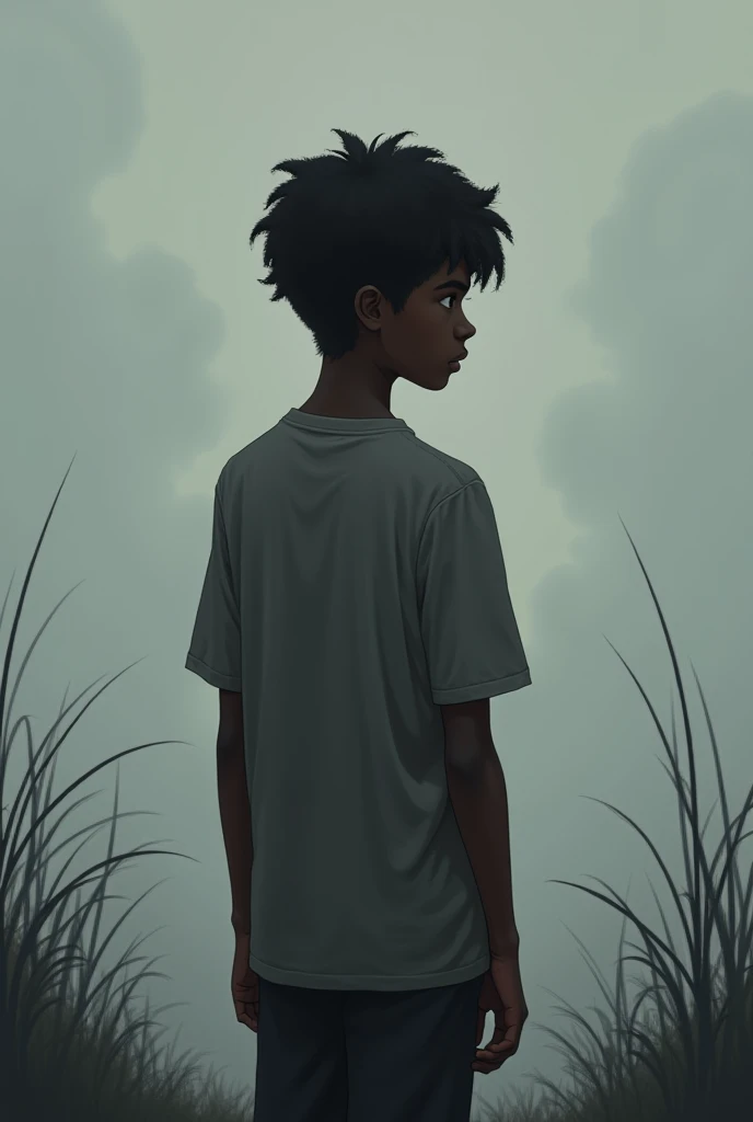  Short haired black teen feeling alone with his back walking 