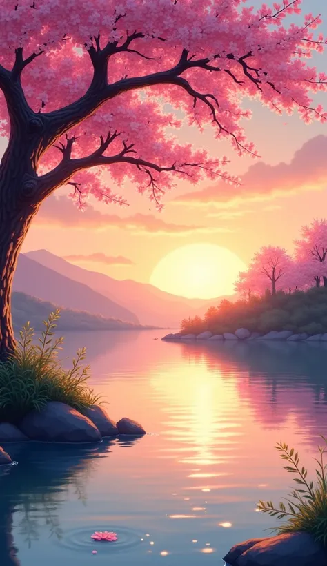 Sunset, cartoony, lake, cherry blossom tree