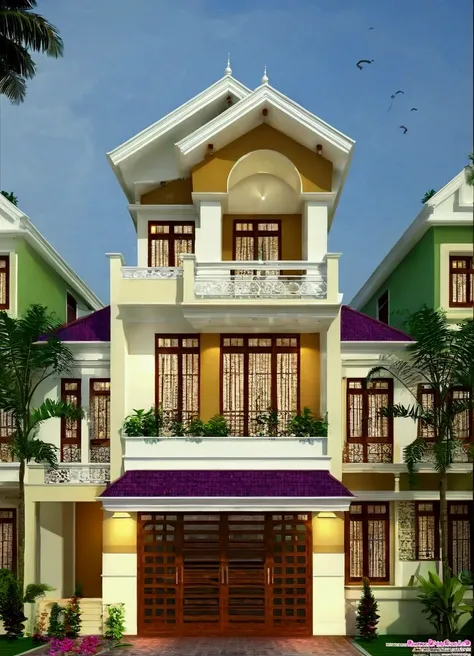 A kerala stylish contemporary colored and traditional mix two storey stylish home.  Right side car porch, middle bed room, right side sitout must be shown. 3 room wide range design home. Thulasithara is the icon of home. Show a seperate car porch and park ...