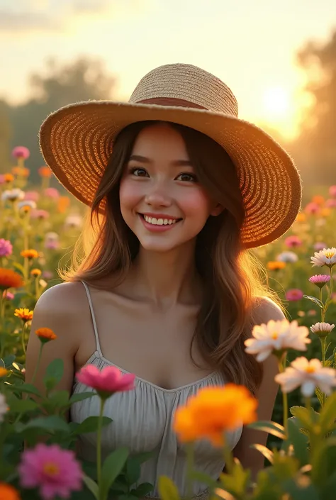 one piece straw hat, detailed beautiful girl wearing straw hat, smiling, in garden, golden hour sunlight, detailed flower garden, detailed foliage, detailed clouds, photorealistic, 8k, high quality, masterpiece