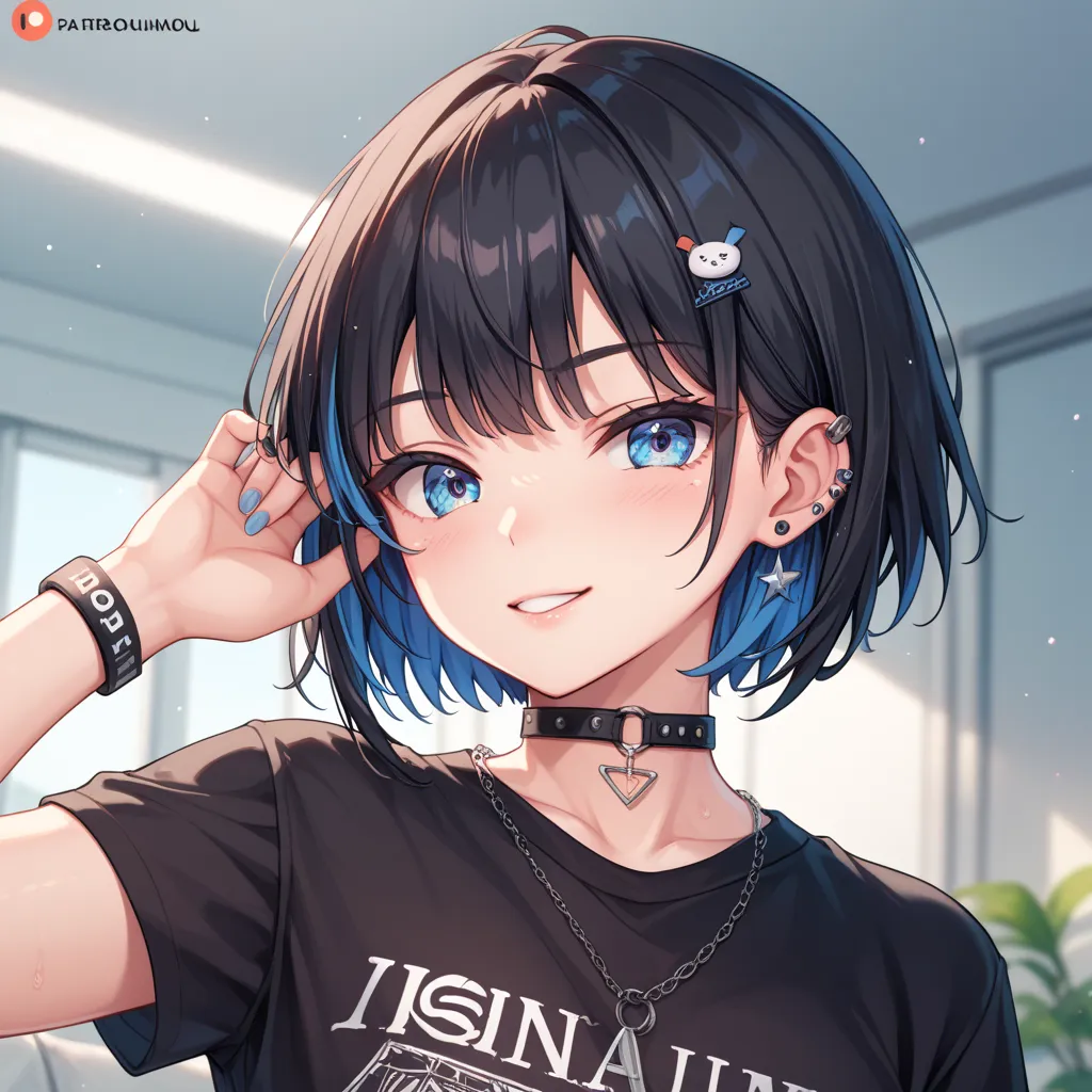 lyrics, black hair、、 short hair 、blue inner hair color mesh、 piercings in both ears 、rasgos faciales neutros、wear a black t-shir...