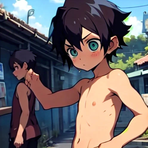 ten year old boy, Shota, Naked, Slim Sexy , black hair,  Simple Gesture , Dick,  Displays Penis and Body, A row of people,  high detail,  Downward Looking Lens , blush, 