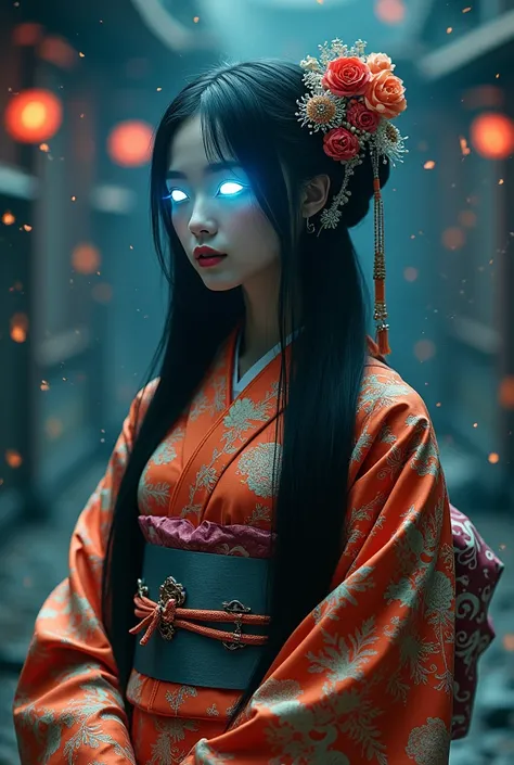 kimono、kimono、顔がiPhone、頭がiPhone、 black hair、 straight hair 、(best quality,4K,high-res,masterpiece:1.2),ultra-detailed,realistic:1.37, kimono姿、cosmic beutiful girl but girls head like as iPhone,busty,glowing light eyes,biomechanical,eerie,creepy,brightly-co...