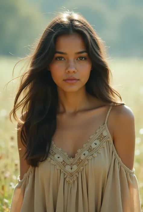 Beautiful girl with wavy long hair, bohemian dress