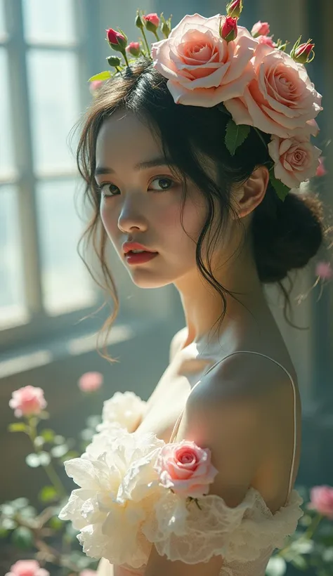 Bust Up , Beautiful Japanese , Face and body facing forward , A beautiful fairy-like 18-year-old , Fine art style, attention to detail and a soft pastel color palette create a captivating and delightful story. SECOND EXPOSURE: ROSE FLOWER OVERLAY. DESCRIPT...