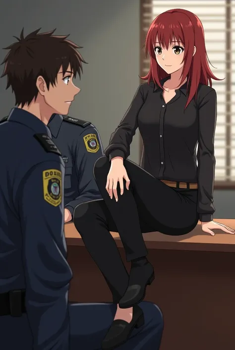  A man with medium dark brown hair and dark brown eyes dressed as a policeman sitting in the back at an office table .  A woman with medium red hair and dark brown eyes sitting on the table with her legs crossed and with her head resting on her left arm th...