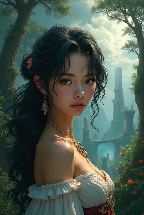 one piece straw hat pirate crew,1girl,beautiful detailed eyes,beautiful detailed lips,extremely detailed face,high quality,8k,intricate,cinematic lighting,dramatic lighting,epic fantasy,fantasy landscape,mystical forest,vivid colors,lush foliage,ancient ru...