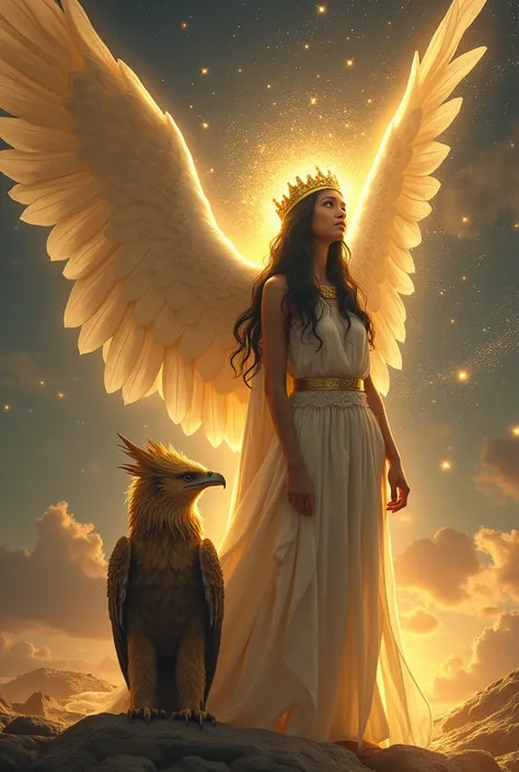 A HUGE WINGED ANGEL WITH A GOLDEN CROWN ON A GOLDEN CROWN WITH BLACK HAIR AND A GOLDEN EAGLE WITH A GOLDEN MANE AND A WILD GIRL LOOKING AT THE ANGEL IN FRONT OF IT, THE STARS ARE STREAMING FROM THE SKY THE ANGELS CROWN SHINES 
There is only an Angel and a ...