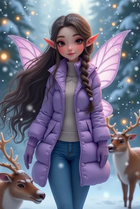 A beautiful adult woman fairy with long flowing dark brown hair and brown eyes, she has a small braid on each side of her head, she has pointy elf ears, her nose and cheeks are blush, she has a closed mouth smile, she has a round face, she has big godlen b...