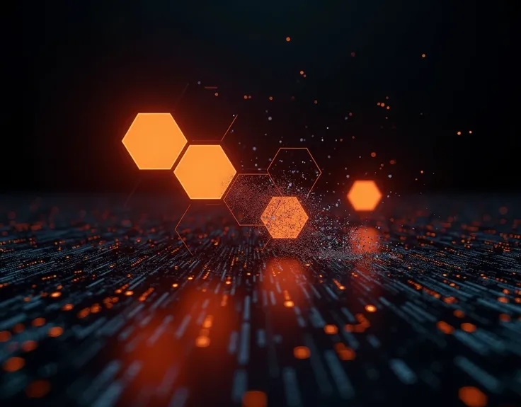 Create an image with a black screen background with orange hexagons dissolving into programming codes. 