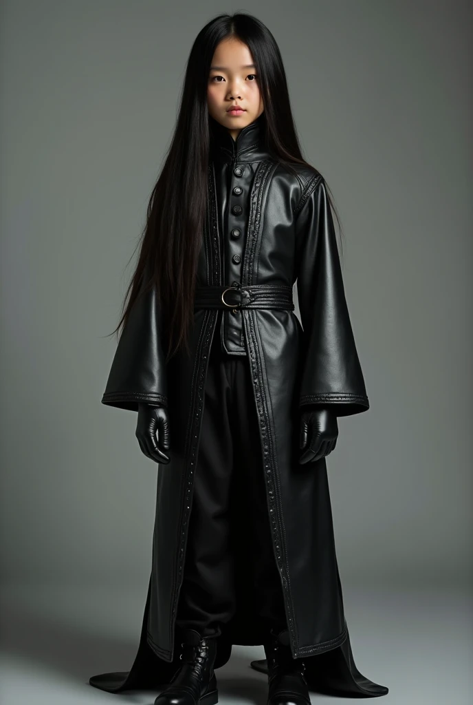 Live action tall Asian pre Teen boy with Very Long Flowing black hair, a Long Sleeved Leather Wizards Out Fit with Very Long Sleeves that Cover the palms, and Long Black Leather Gloves. And Baggy Pants with Boots