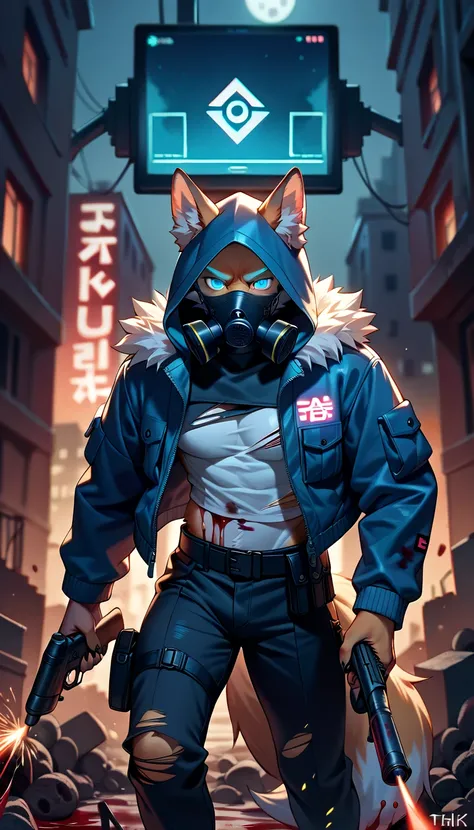 white fox_male,kemono,(fox ear,fox,tail,white fur,teal blue eyes)jacket,belt,torn clothes,pants,open jacket,claws,{{scars}},respirator,crop top,fur trim,pouch,long sleeves,hood down,mouth mask,glowing eyes,holding submachine gun,fighting_stance,blood on cl...