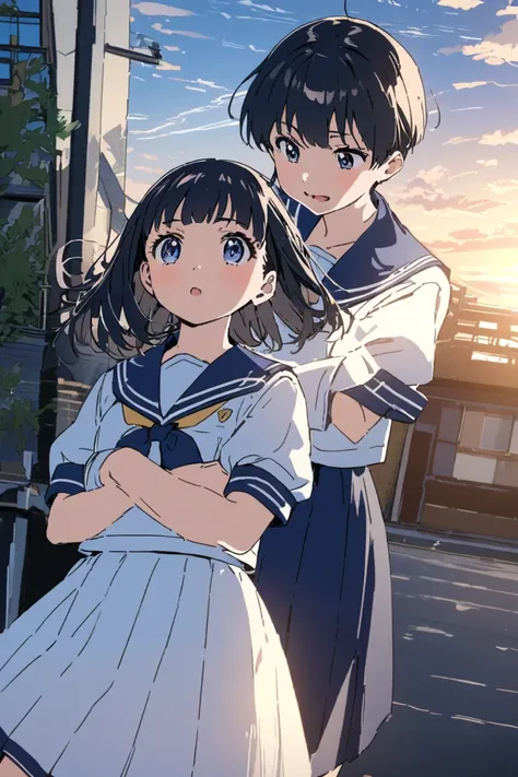 evening　School building　 sailor suit 　 girl　2 people