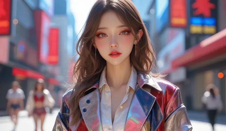 (masterpiece, Best picture quality, 8k), Real photo,Idol appearance, adult,  perfection of fashion,  Korean makeup, Lip Tint, whole body, frontal, A faint smile, Busy City Streets, Clear weather, Exquisitely Painted , Realistic, Outdoor,  ultra high defini...