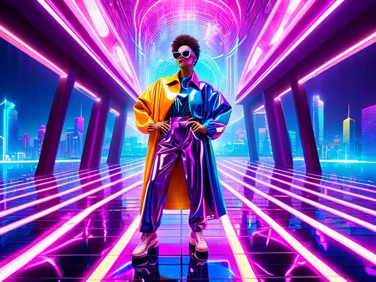 Create a vibrant and dynamic scene inspired by Eurodisco, Synth-Pop, and Italo Disco genres. The image features a confident and joyful character dancing in a neon-lit futuristic cityscape. The character is dressed in a dazzling retro outfit with metallic f...