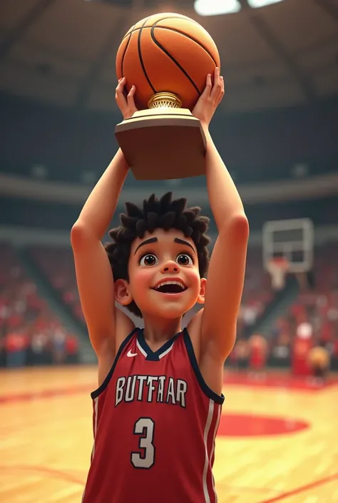 A boy holding a basketball trophy 