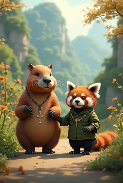  A capychlid with a Christian rosary walking next to a red panda wearing a Buddhist garment, in a landscape of the Asian countryside .