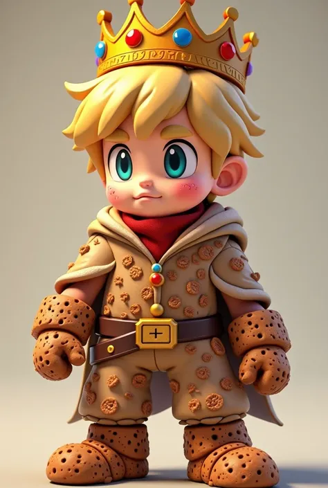 "A SuperSmash Bros Ultimate-style character depicting the Crumble Crusader who wears a Crown labeled "King of Ziddies" Make sure he is also covered in cookies almost made out of them with short blond hair and acne. MAKE THE COOKIES MUCH MORE VISIBLE AND PA...