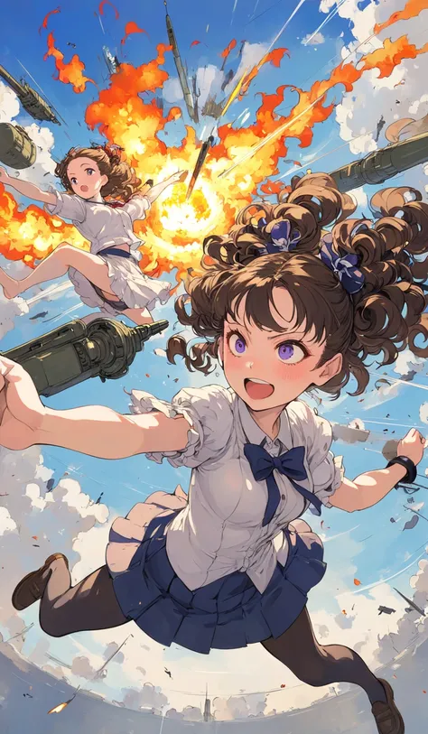 school-girl, solo, portrait, forehead, black curly lower-twintail, smile, half-open mouth, unhappy, little fat, looking away, dynamic female battle action pose, shy, War, modern weapons, missile, psychics, flight, levitation, explosions, fire, blaze, flowe...