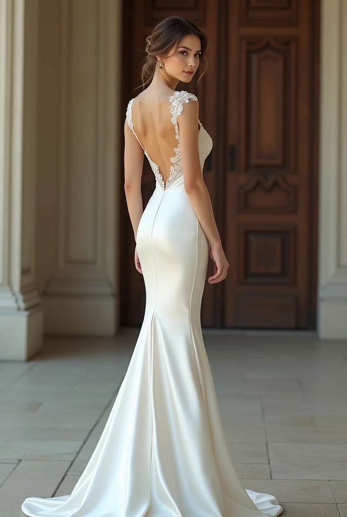  She looked stunning . Her wedding dress ,  a simple mermaid style model ,  perfectly highlighted her curves .  The satin fabric shone delicately,  and the small lace on her shoulders 