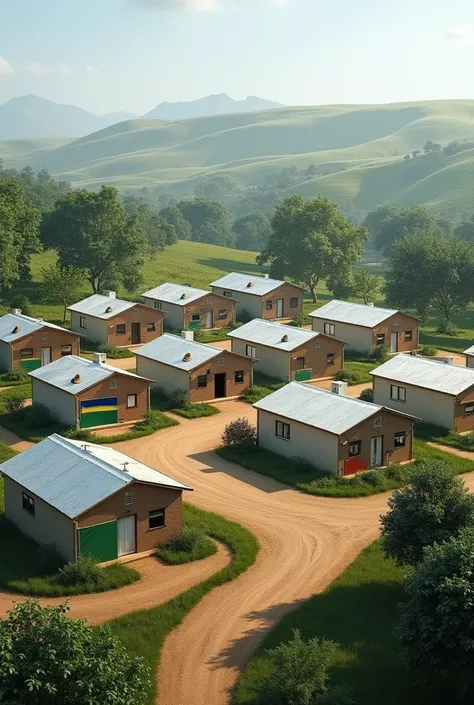 Simple houses for teachers in africa show 10 units,well arrenged with tanzania flag
