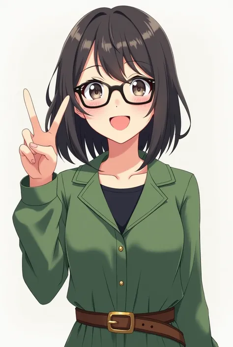 girl wearing green long-sleeved jumpsuit
black-rimmed glasses
brown belt
anime style
semi-long
smiling
Peace is being made
Like an adult
black t-shirt inside