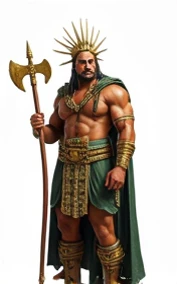 Muscular Inca ,  tanned skin,  stocky arms ,  Inca clothing green tunic with gold decorations, cape clothing , serious look, black hair and eyes,  golden axe with long handle , sandals with gold decorations , Masculine "corona",  suntur paukar  "scepter", ...