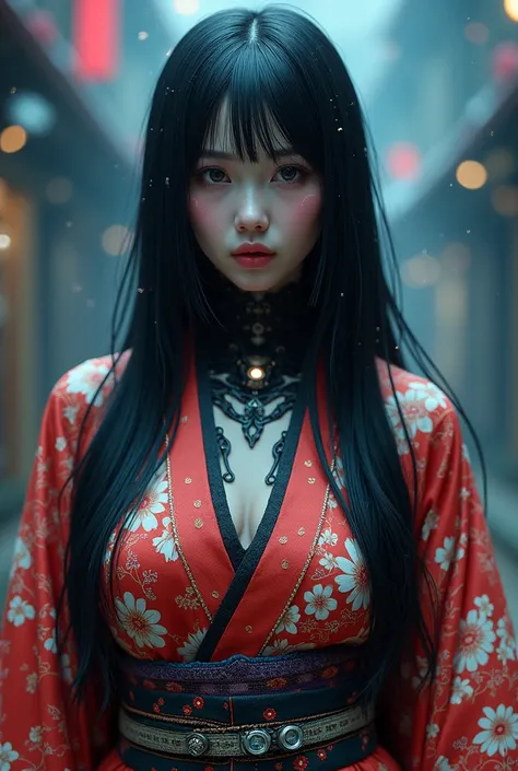 kimono、kimono、顔がiPhone、zipper、頭がiPhone、 black hair、 straight hair 、(best quality,4K,high-res,masterpiece:1.2),ultra-detailed,realistic:1.37, kimono姿、cosmic beutiful girl but girls head like as iPhone,busty,glowing light eyes,biomechanical,eerie,creepy,brig...