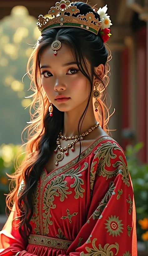 a beautiful young Nepali princess, detailed intricate asian style dress, elegant pose, serene facial expression, long flowing hair, delicate jewelry, ornate headpiece, lush palace gardens background, warm lighting, detailed cinematic rendering, vibrant col...