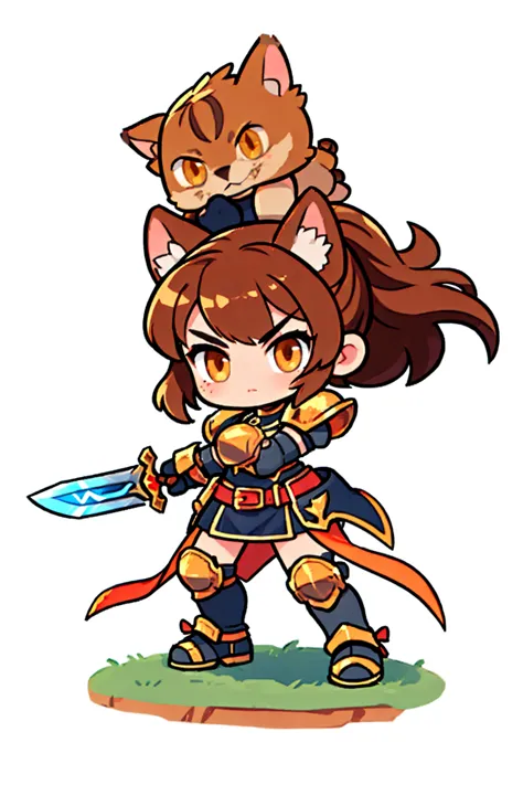 one female warrior ,   medieval full body iron armor,   white background.   brown hair,   tied hair  ,  cat ears , brown eyes , ...