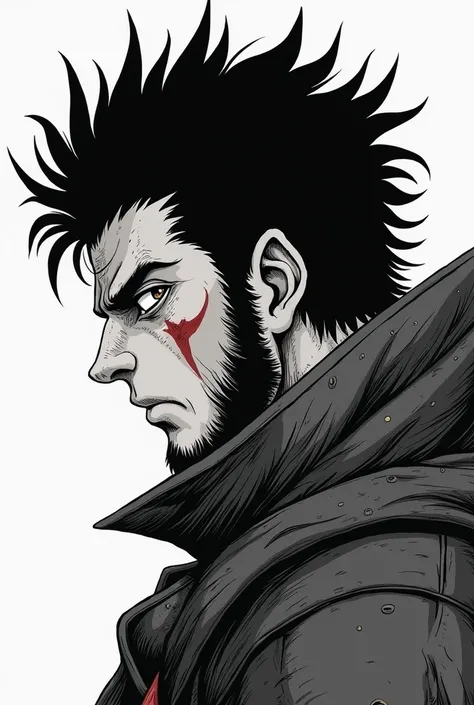 Create an image of the character Guts from the manga Berserk, looking in profile, The image must be the same as the cartoon in the manga


