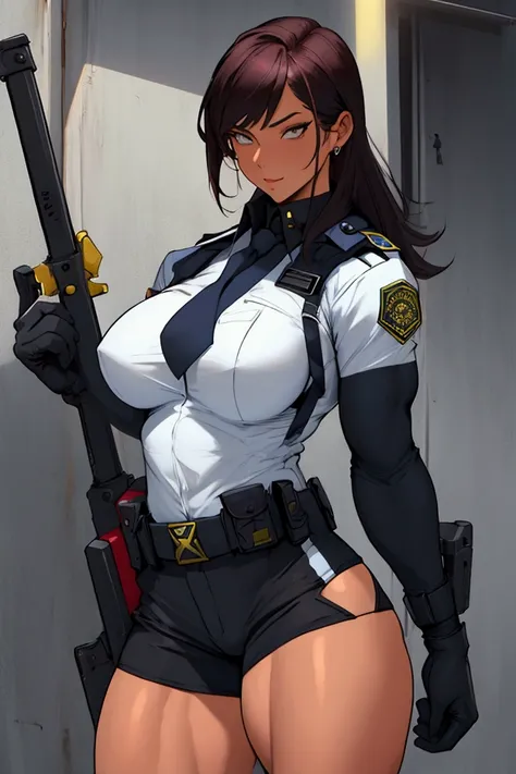 Sexy muscular and busty female cop ((large quadriceps)) (revealing uniform) neckline