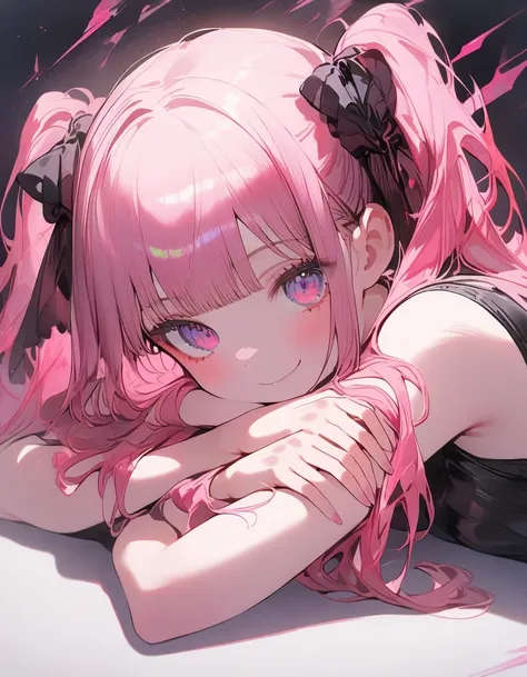 1girl, bright pink long twin tails, small breast, smiling, ((looking at viewer, black bikini, head resting on arm, arms resting on table)), absurdres, high res, ultrasharp, 8K, masterpiece:1.4, illustrations, studio lighting