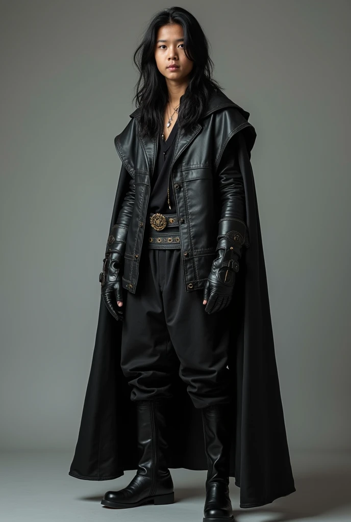 Live action tall Asian pre Teen boy with Very Long Flowing black hair, a Long Sleeved Leather Prince Outfit with Very Long Sleeves that Cover the palms, and Long Black Leather Gloves. And Baggy Pants with Boots