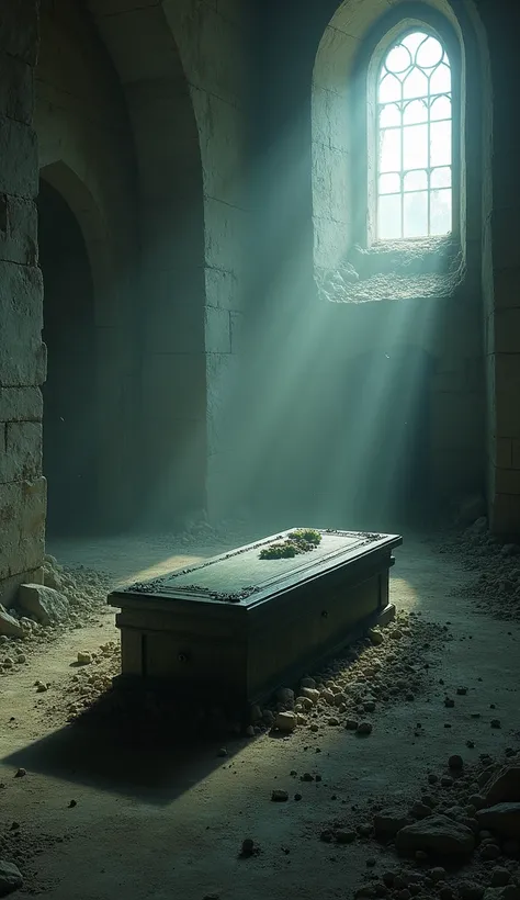  The abandoned coffin in an empty castle, with a quiet and melancholic atmosphere 