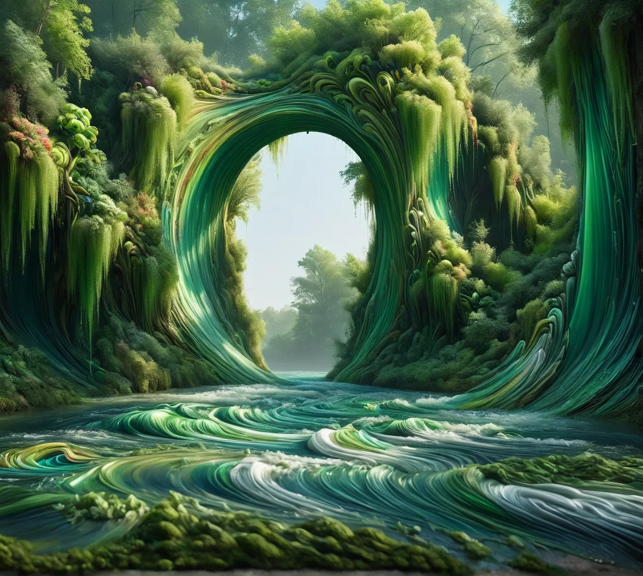 the inspired matte painting ， depicts a river with a bouquet of green water, hyperrealistic water art, in  a surreal dream lands...